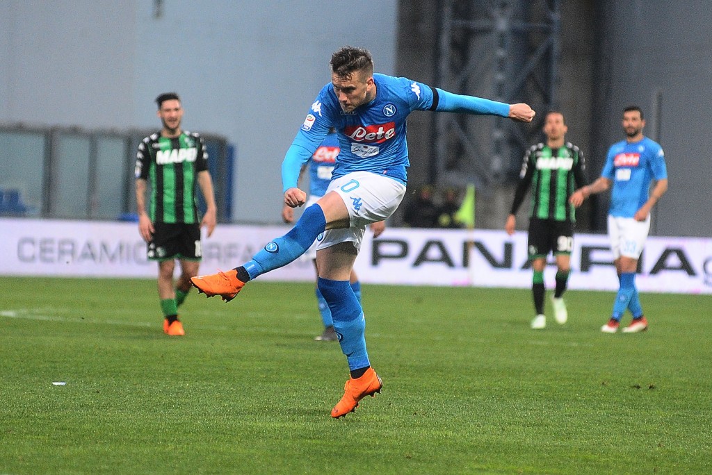 REGGIO NELL'EMILIA, ITALY - MARCH 31: Piotr Zielinski in action during the serie A match between US Sassuolo and SSC Napoli at Mapei Stadium - Citta' del Tricolore on March 31, 2018 in Reggio nell'Emilia, Italy. (Photo by Mario Carlini / Iguana Press/Getty Images)