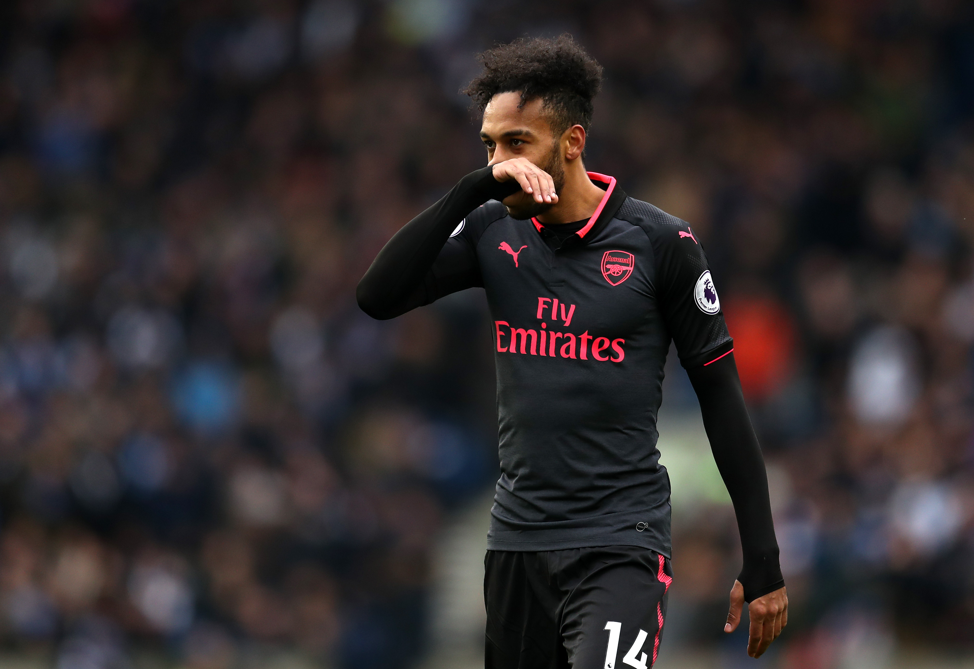 BRIGHTON, ENGLAND - MARCH 04: Pierre-Emerick Aubameyang of Arsenal looks dejected during the Premier League match between Brighton and Hove Albion and Arsenal at Amex Stadium on March 4, 2018 in Brighton, England. (Photo by Catherine Ivill/Getty Images)