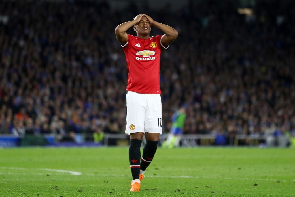 BRIGHTON, ENGLAND - MAY 04: Anthony Martial of Manchester United reacts during the Premier League match between Brighton and Hove Albion and Manchester United at Amex Stadium on May 4, 2018 in Brighton, England. (Photo by Bryn Lennon/Getty Images)