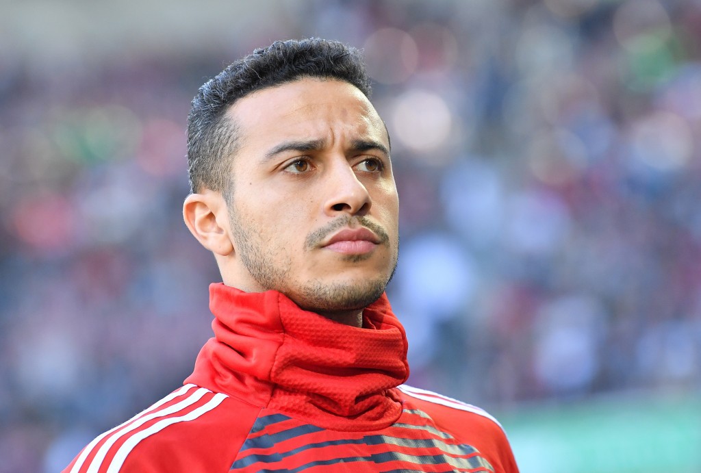 AUGSBURG, GERMANY - APRIL 07: Thiago Alcantara of Bayern Muenchen looks on prior to the Bundesliga match between FC Augsburg and FC Bayern Muenchen at WWK-Arena on April 7, 2018 in Augsburg, Germany. (Photo by Sebastian Widmann/Bongarts/Getty Images)