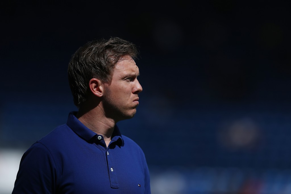 SINSHEIM, GERMANY - APRIL 14: Coach Julian Nagelsmann of Hoffenheim looks on before the Bundesliga match between TSG 1899 Hoffenheim and Hamburger SV at Wirsol Rhein-Neckar-Arena on April 14, 2018 in Sinsheim, Germany. (Photo by Simon Hofmann/Bongarts/Getty Images)