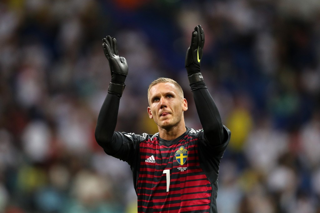 SOCHI, RUSSIA - JUNE 23: Robin Olsen of Sweden reacts during the 2018 FIFA World Cup Russia group F match between Germany and Sweden at Fisht Stadium on June 23, 2018 in Sochi, Russia. (Photo by Maddie Meyer/Getty Images)