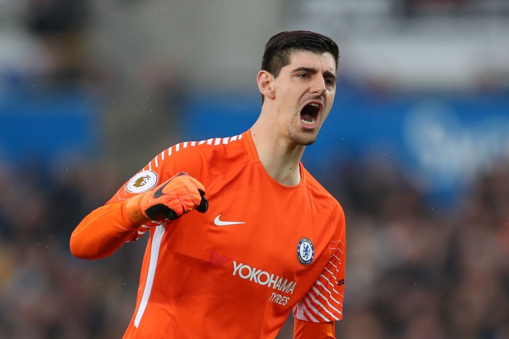 SWANSEA, WALES - APRIL 28: Thibaut Courtois of Chelsea celebrates after his sides first goal during the Premier League match between Swansea City and Chelsea at Liberty Stadium on April 28, 2018 in Swansea, Wales. (Photo by Catherine Ivill/Getty Images)
