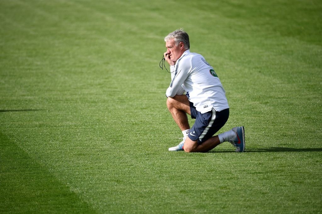 France's head coach Didier Deschamps looks on during a training session at the Glebovets stadium in Istra, some 70 km west of Moscow, on July 7, 2018, ahead of their Russia 2018 World Cup semi-final football match against Belgium. (Photo by FRANCK FIFE / AFP) (Photo credit should read FRANCK FIFE/AFP/Getty Images)