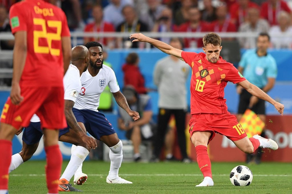 Belgium's forward Adnan Januzaj shoots to score the opener during the Russia 2018 World Cup Group G football match between England and Belgium at the Kaliningrad Stadium in Kaliningrad on June 28, 2018. (Photo by OZAN KOSE / AFP) / RESTRICTED TO EDITORIAL USE - NO MOBILE PUSH ALERTS/DOWNLOADS (Photo credit should read OZAN KOSE/AFP/Getty Images)