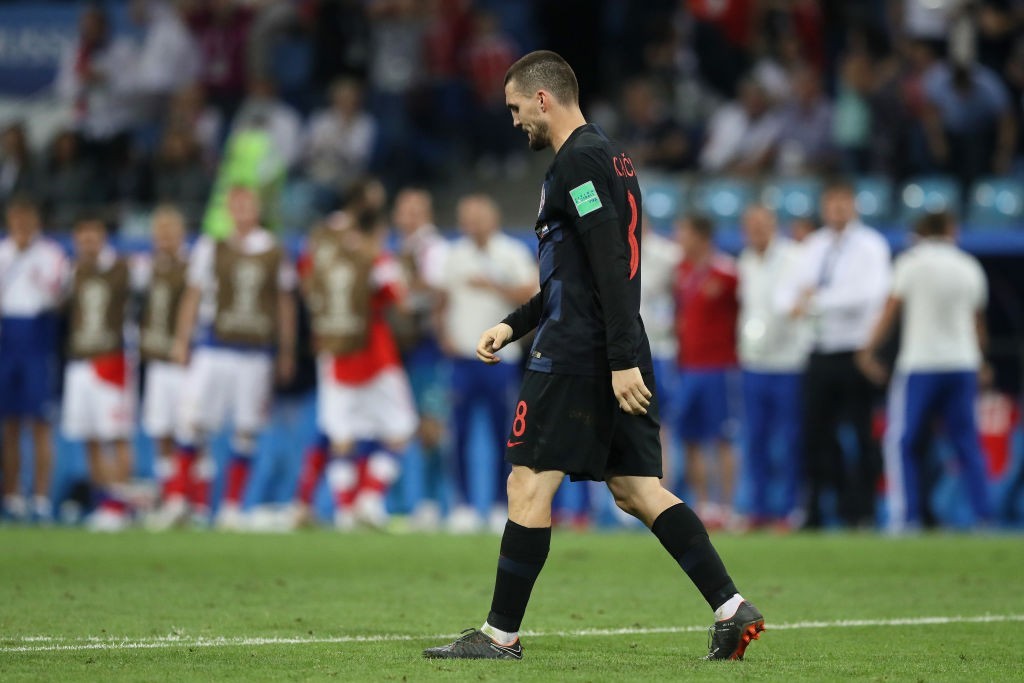 SOCHI, RUSSIA - JULY 07: Mateo Kovacic of Croatia looks dejected after he misses his team's second penalty in the penalty shoot out during the 2018 FIFA World Cup Russia Quarter Final match between Russia and Croatia at Fisht Stadium on July 7, 2018 in Sochi, Russia. (Photo by Kevin C. Cox/Getty Images)