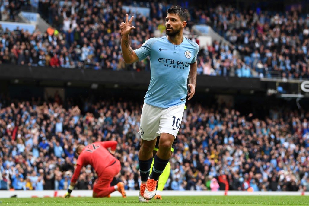 Sergio Aguero after scoring his hat-trick goal against Huddersfield last weekend. (Photo courtesy: AFP/Getty)