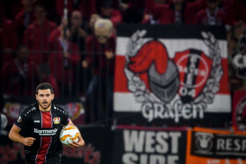 Bayer Leverkusen's German forward Kevin Volland holds the ball during the UEFA Europa League group A football match between FC Zurich and Bayer Leverkusen at The Letzigrund Stadium in Zurich on October 25, 2018. (Photo by Fabrice COFFRINI / AFP) (Photo credit should read FABRICE COFFRINI/AFP/Getty Images)