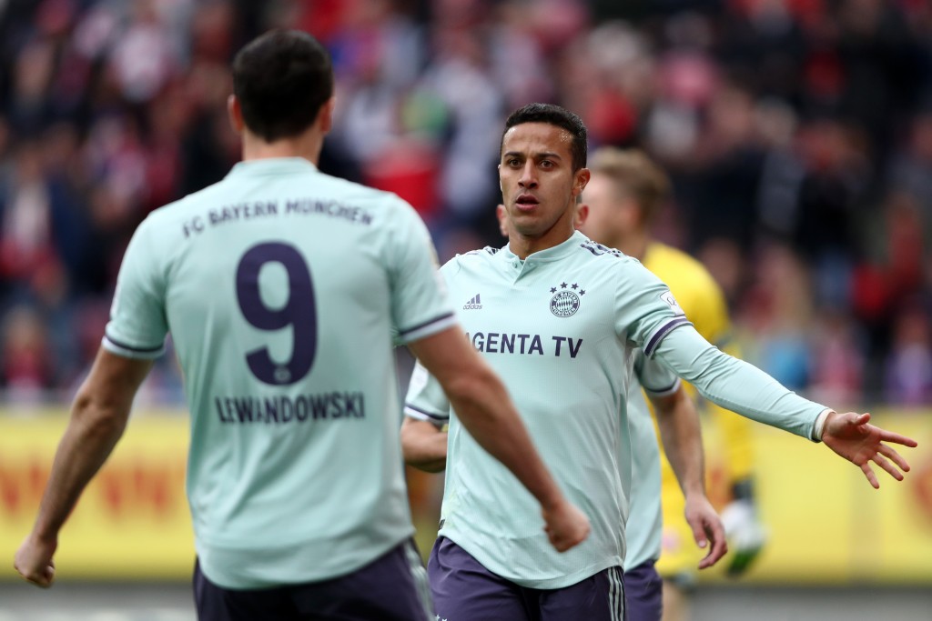 Thiago and Lewandowski impressed in Bayern's narrow win over Mainz. (Photo by Alex Grimm/Bongarts/Getty Images)