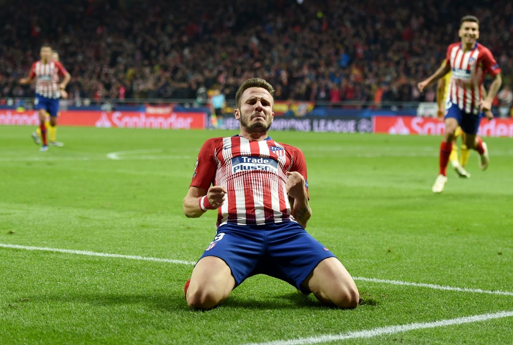 MADRID, SPAIN - NOVEMBER 06: Saul Niguez of Atletico Madrid celebrates after scoring his team's first goal during the Group A match of the UEFA Champions League between Club Atletico de Madrid and Borussia Dortmund at Estadio Wanda Metropolitano on November 6, 2018 in Madrid, Spain. (Photo by Denis Doyle/Getty Images)
