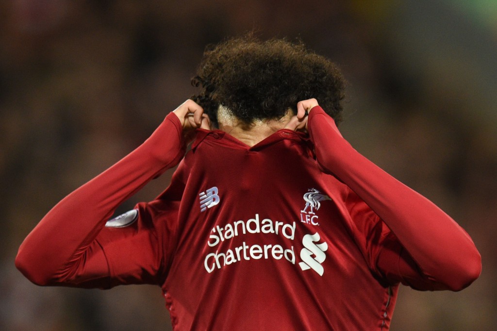 A frustrating evening for Salah. (Photo by Oli Scarff/AFP/Getty Images)