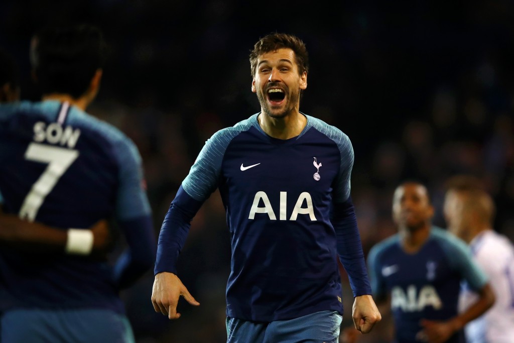 BIRKENHEAD, ENGLAND - JANUARY 04: Fernando Llorente of Tottenham Hotspur celebrates with team mate Heung-Min Son after scoring their team's second goal during the FA Cup Third Round match between Tranmere Rovers and Tottenham Hotspur at Prenton Park on January 4, 2019 in Birkenhead, United Kingdom. (Photo by Clive Brunskill/Getty Images)