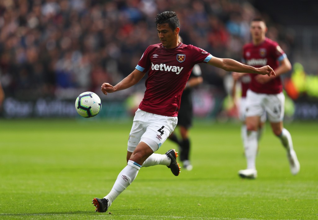 LONDON, ENGLAND - SEPTEMBER 23: Fabian Balbuena of West Ham in action during the Premier League match between West Ham United and Chelsea FC at London Stadium on September 23, 2018 in London, United Kingdom. (Photo by Dean Mouhtaropoulos/Getty Images)