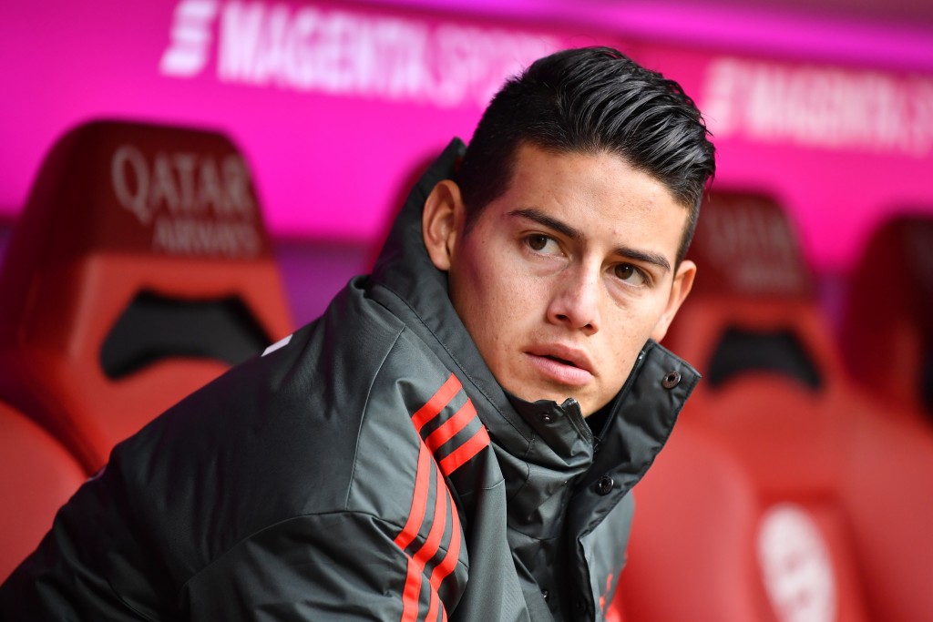 MUNICH, GERMANY - JANUARY 27: James Rodriguez of Bayern Munich looks on prior to the Bundesliga match between FC Bayern Muenchen and VfB Stuttgart at Allianz Arena on January 27, 2019 in Munich, Germany. (Photo by Sebastian Widmann/Bongarts/Getty Images)