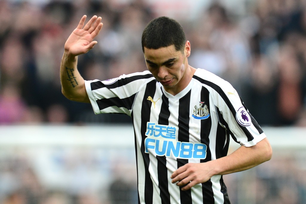 NEWCASTLE UPON TYNE, ENGLAND - FEBRUARY 23: Miguel Almiron of Newcastle United shows appreciation to the fans following victory in the Premier League match between Newcastle United and Huddersfield Town at St. James Park on February 23, 2019 in Newcastle upon Tyne, United Kingdom. (Photo by Mark Runnacles/Getty Images)