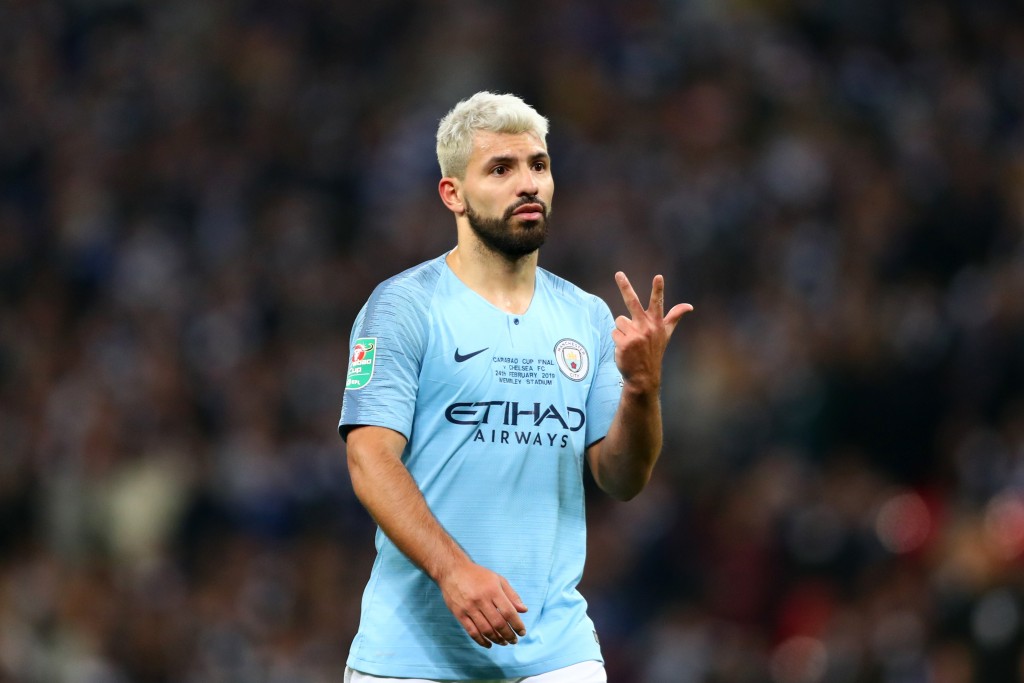 LONDON, ENGLAND - FEBRUARY 24: Sergio Aguero of Manchester City reacts during the Carabao Cup Final between Chelsea and Manchester City at Wembley Stadium on February 24, 2019 in London, England. (Photo by Clive Rose/Getty Images)