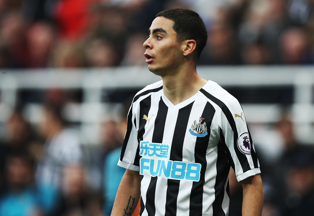 NEWCASTLE UPON TYNE, ENGLAND - FEBRUARY 23: Miguel Almiron of Newcastle United looks on during the Premier League match between Newcastle United and Huddersfield Town at St. James Park on February 23, 2019 in Newcastle upon Tyne, United Kingdom. (Photo by Ian MacNicol/Getty Images)