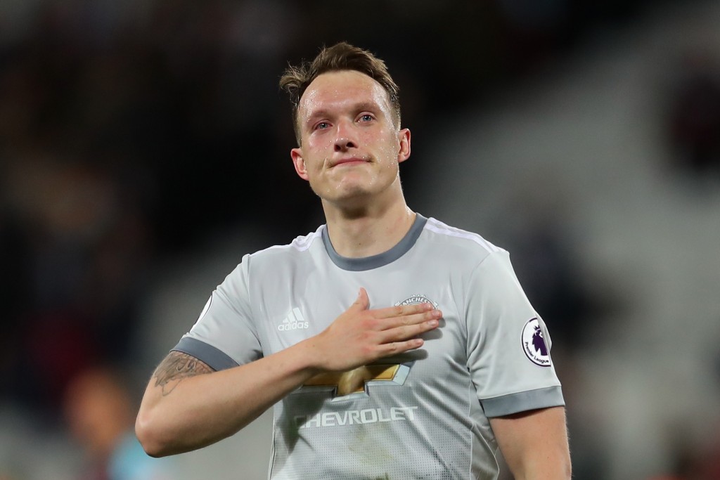 LONDON, ENGLAND - MAY 10: Phil Jones of Manchester United shows appreciation to the fans after the Premier League match between West Ham United and Manchester United at London Stadium on May 10, 2018 in London, England. (Photo by Catherine Ivill/Getty Images)
