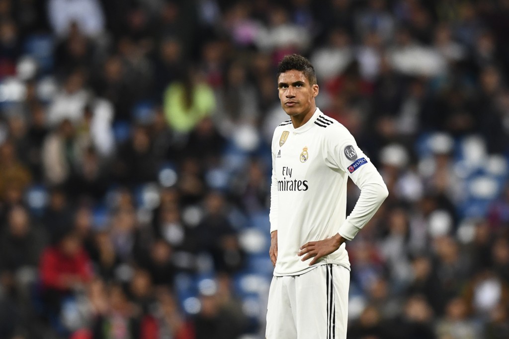 Real Madrid's French defender Raphael Varane reacts during the UEFA Champions League round of 16 second leg football match between Real Madrid CF and Ajax at the Santiago Bernabeu stadium in Madrid on March 5, 2019. (Photo by GABRIEL BOUYS / AFP) (Photo credit should read GABRIEL BOUYS/AFP/Getty Images)