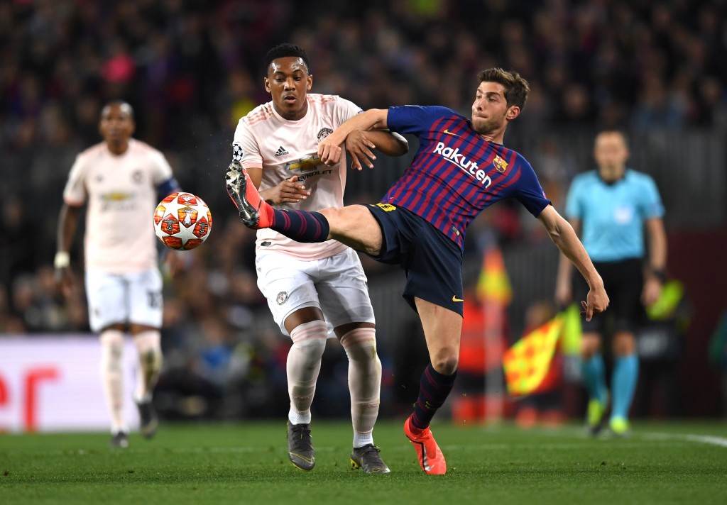 Martial was contained by Sergi Roberto. (Photo by Matthias Hangst/Getty Images)