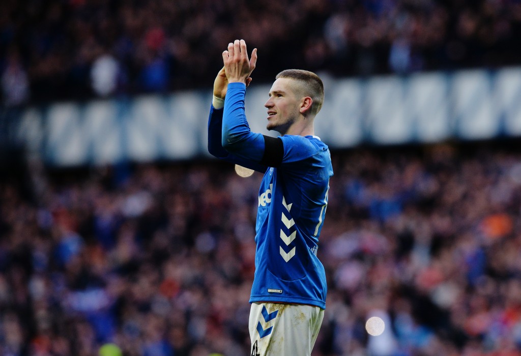 GLASGOW, SCOTLAND - DECEMBER 29: Ryan Kent of Ranger celebrates at the final whistle as Rangers beat Celtic 1-0 during the Ladbrokes Scottish Premiership match between Rangers and Celtic at Ibrox Stadium on December 29, 2018 in Glasgow, Scotland. (Photo by Mark Runnacles/Getty Images)