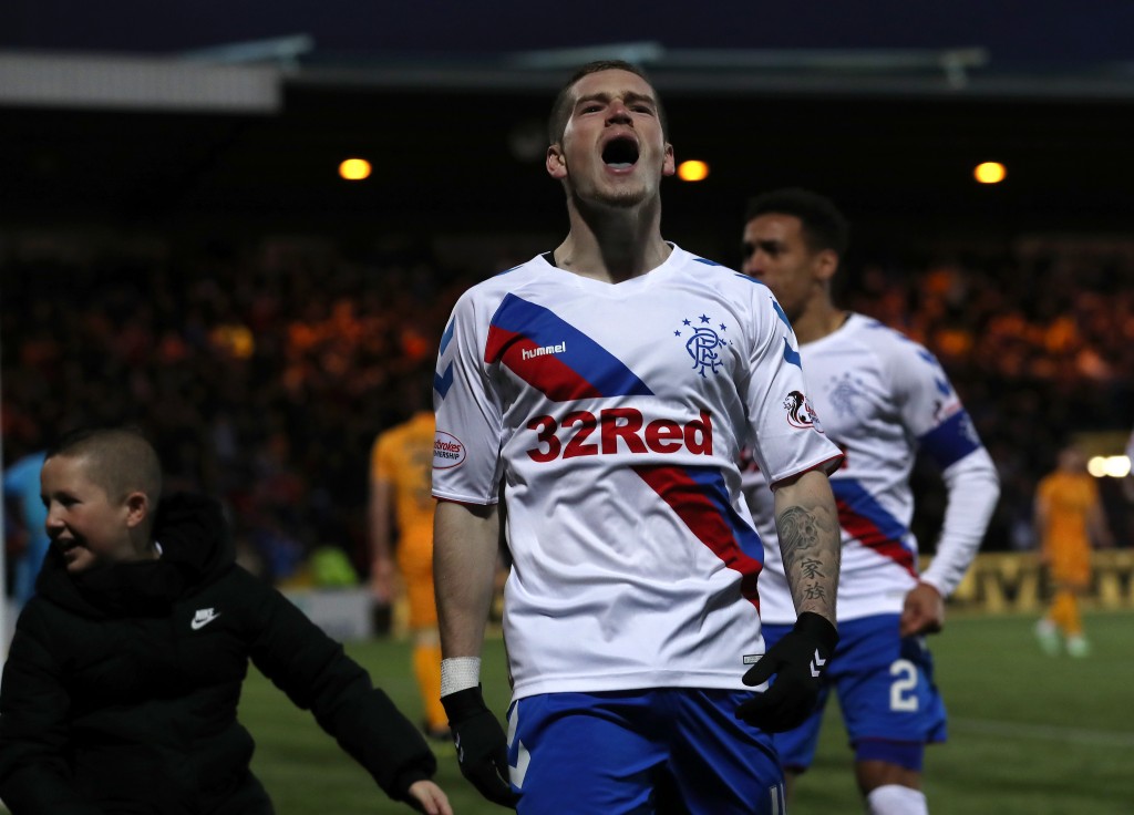LIVINGSTON, SCOTLAND - JANUARY 27: Ryan Kent of Rangers (14) celebrates as he scores his team's second goal during the Ladbrokes Premiership match between Livingston and Rangers at Tony Macaroni Arena on January 27, 2019 in Livingston, United Kingdom. (Photo by Ian MacNicol/Getty Images)