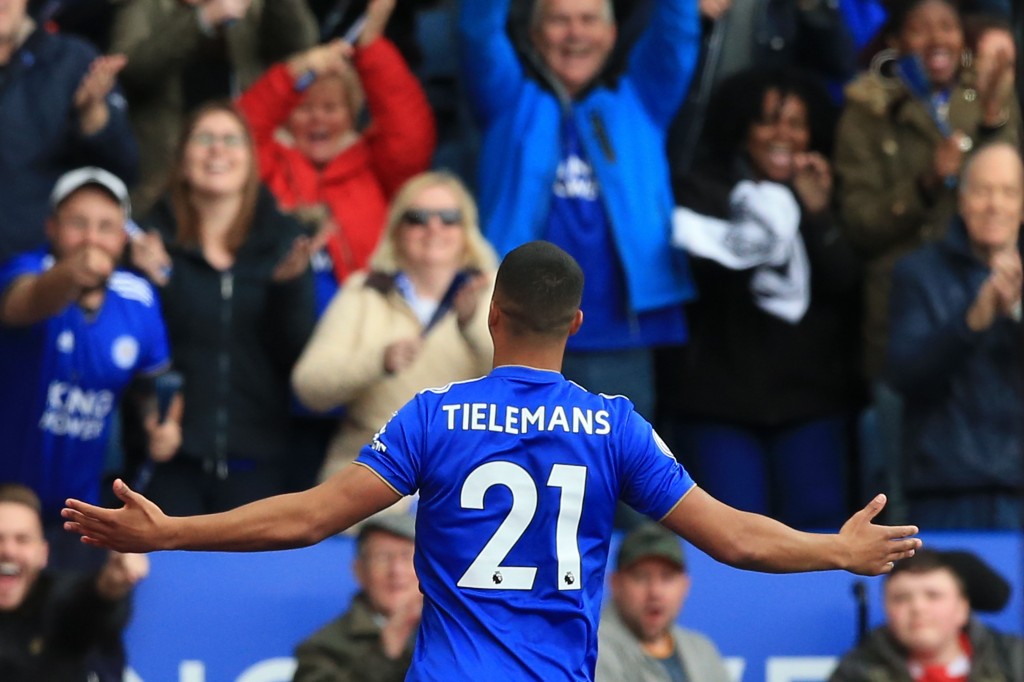 Leicester City's Belgian midfielder Youri Tielemans celebrates scoring the opening goal during the English Premier League football match between Leicester City and Arsenal at King Power Stadium in Leicester, central England on April 28, 2019. (Photo by Lindsey PARNABY / AFP) / RESTRICTED TO EDITORIAL USE. No use with unauthorized audio, video, data, fixture lists, club/league logos or 'live' services. Online in-match use limited to 120 images. An additional 40 images may be used in extra time. No video emulation. Social media in-match use limited to 120 images. An additional 40 images may be used in extra time. No use in betting publications, games or single club/league/player publications. / (Photo credit should read LINDSEY PARNABY/AFP/Getty Images)