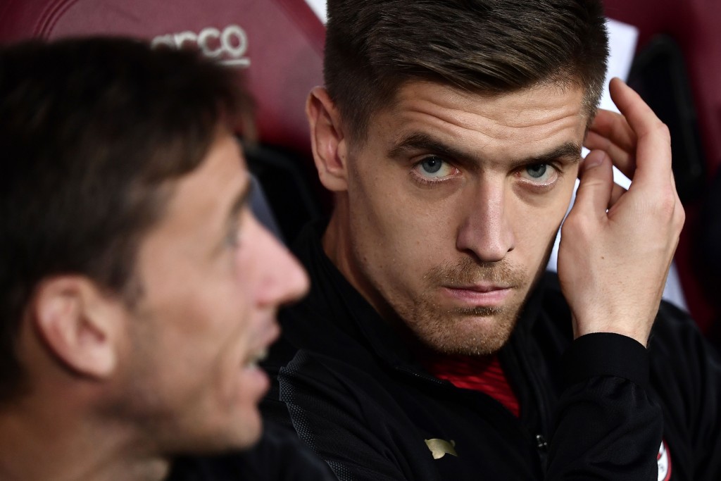 AC Milan's Polish forward Krzysztof Piatek looks on during the Italian Serie A football match between Torino and AC Milan on April 28, 2019 at the Grande Torino stadium in Turin. (Photo by MARCO BERTORELLO / AFP) (Photo credit should read MARCO BERTORELLO/AFP/Getty Images)