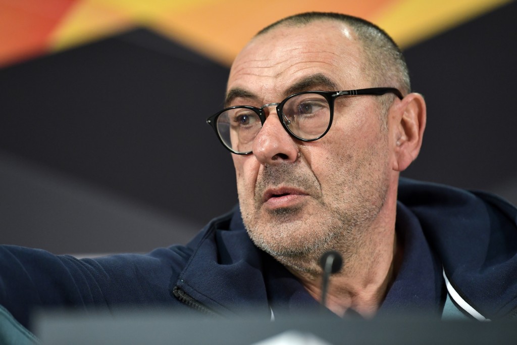 FRANKFURT AM MAIN, GERMANY - MAY 01: Maurizio Sarri, Manager of Chelsea speaks to the media during a Chelsea press conference ahead of the UEFA Europa League semi-final second leg match between Chelsea and Eintracht Frankfurt on May 02 2019 at Commerzbank-Arena on May 01, 2019 in Frankfurt am Main, Germany. (Photo by Alexander Scheuber/Getty Images)