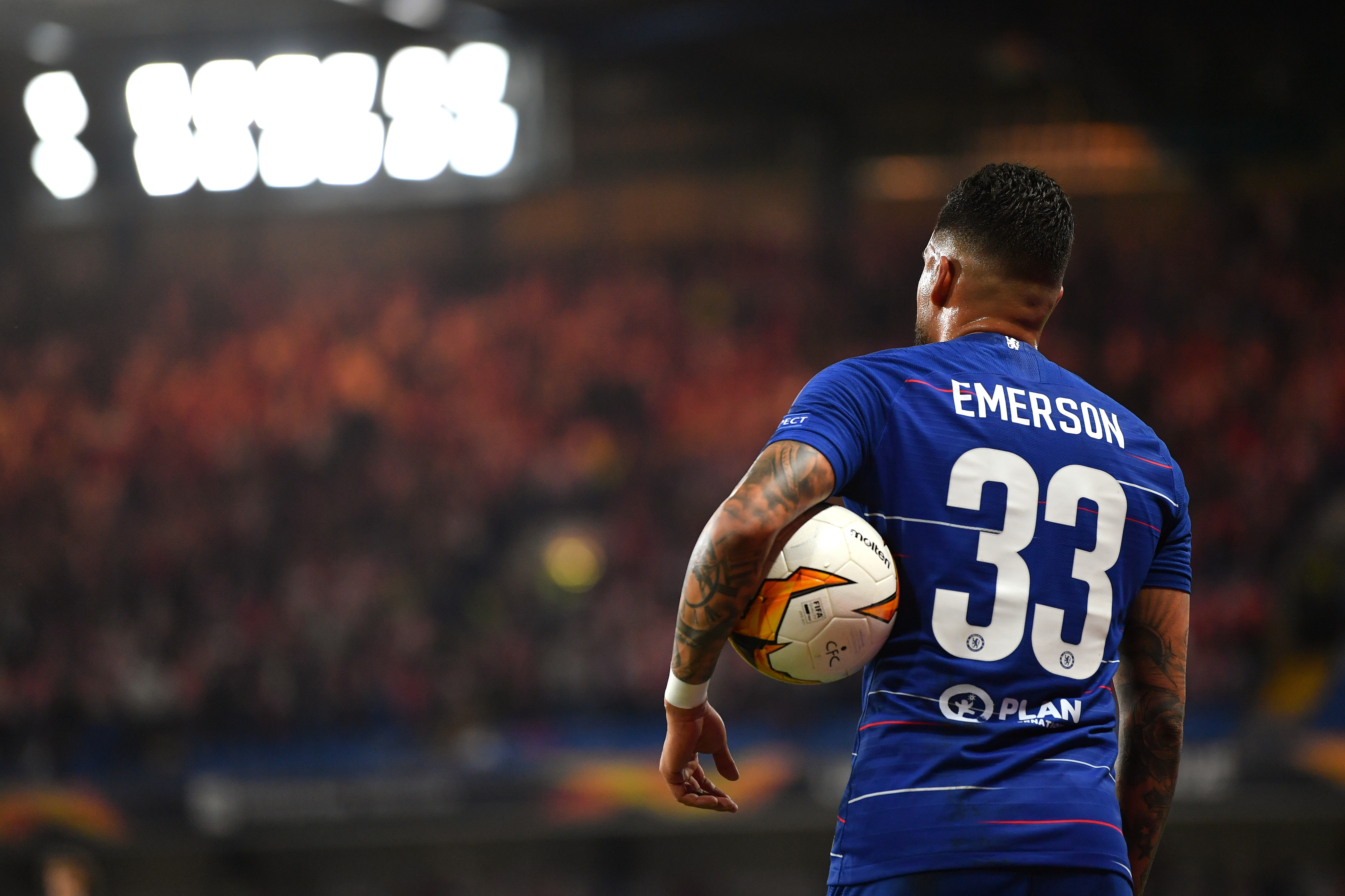 LONDON, ENGLAND - APRIL 18: Emerson Palmieri of Chelsea prepares for a throw in during the UEFA Europa League Quarter Final Second Leg match between Chelsea and Slavia Praha at Stamford Bridge on April 18, 2019 in London, England. (Photo by Dan Mullan/Getty Images)