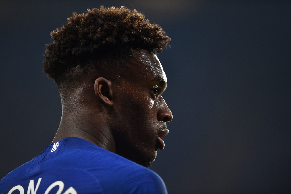 Chelsea's English midfielder Callum Hudson-Odoi looks on during the English Premier League football match between Chelsea and Burnley at Stamford Bridge in London on April 22, 2019. (Photo by Glyn KIRK / AFP) / RESTRICTED TO EDITORIAL USE. No use with unauthorized audio, video, data, fixture lists, club/league logos or 'live' services. Online in-match use limited to 120 images. An additional 40 images may be used in extra time. No video emulation. Social media in-match use limited to 120 images. An additional 40 images may be used in extra time. No use in betting publications, games or single club/league/player publications. / (Photo credit should read GLYN KIRK/AFP/Getty Images)