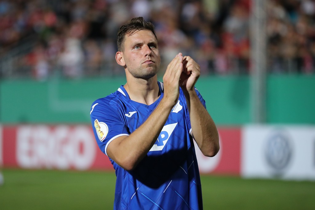 WUERZBURG, GERMANY - AUGUST 10: Adam Szalai of TSG 1899 Hoffenheim celebrates victory with fans after the DFB Cup first round match between FC Wuerzburger Kickers and TSG 1899 Hoffenheim at flyeralarm Arena on August 10, 2019 in Wuerzburg, Germany. (Photo by Christian Kaspar-Bartke/Bongarts/Getty Images)