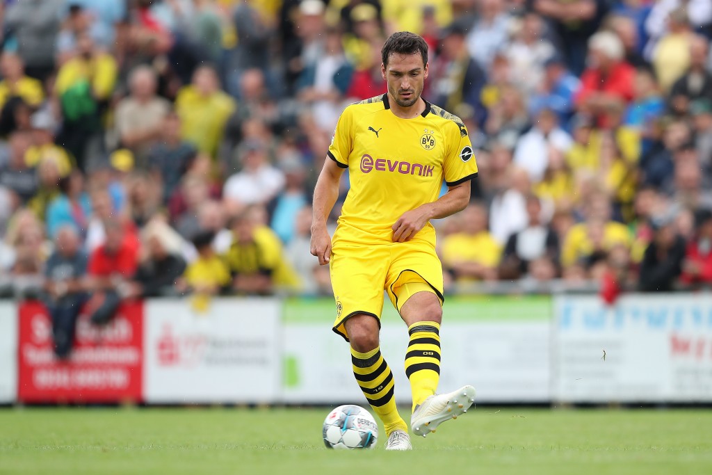 HARDHEIM, GERMANY - JULY 12: Mats Hummels of Borussia Dortmund in action during the pre-season friendly match between FC Schweinberg and Borussia Dortmund on July 12, 2019 in Schweinberg near Hardheim, Germany. (Photo by Christian Kaspar-Bartke/Bongarts/Getty Images)
