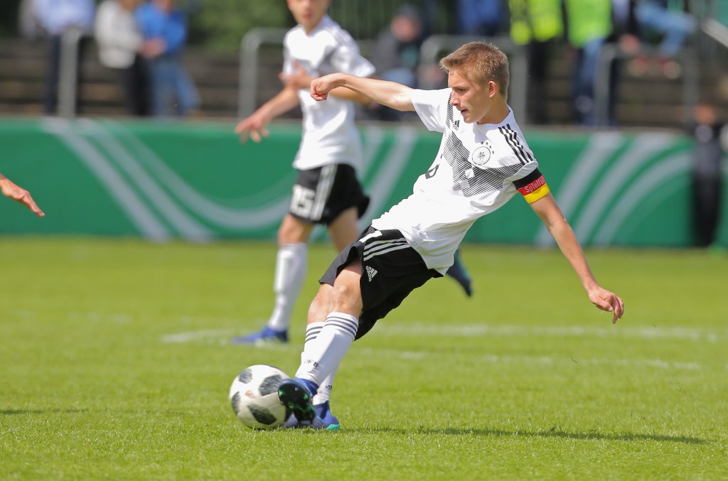 NORDHORN, GERMANY - MAY 03: Torben Rhein of Germany drives the ball during the international friendly match between U15 Germany and U15 Netherlands on May 3, 2018 in Nordhorn, Germany. (Photo by Juergen Schwarz/Bongarts/Getty Images)