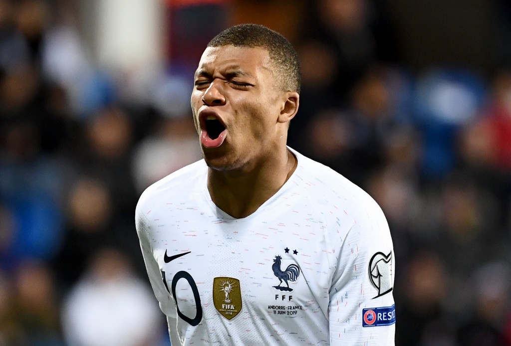France's forward Kylian Mbappe reacts during the UEFA Euro 2020 qualification football match between Andorra and France at the National stadium in Andorra La Vella, on June 11, 2019. (Photo by FRANCK FIFE / AFP) (Photo credit should read FRANCK FIFE/AFP/Getty Images)