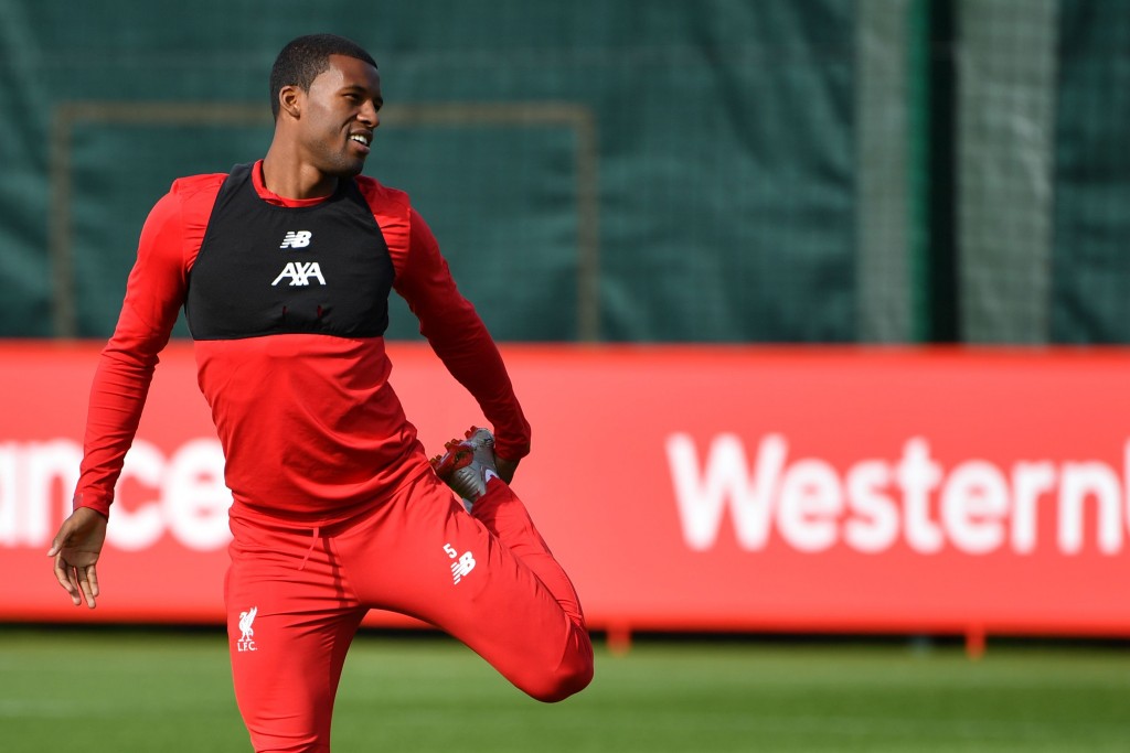 Liverpool's Dutch midfielder Georginio Wijnaldum takes part in a training session at their Melwood complex, Liverpool, north west England on the eve of their Champions league group stage football match against Napoli on September 16, 2019. (Photo by Paul ELLIS / AFP) (Photo credit should read PAUL ELLIS/AFP/Getty Images)