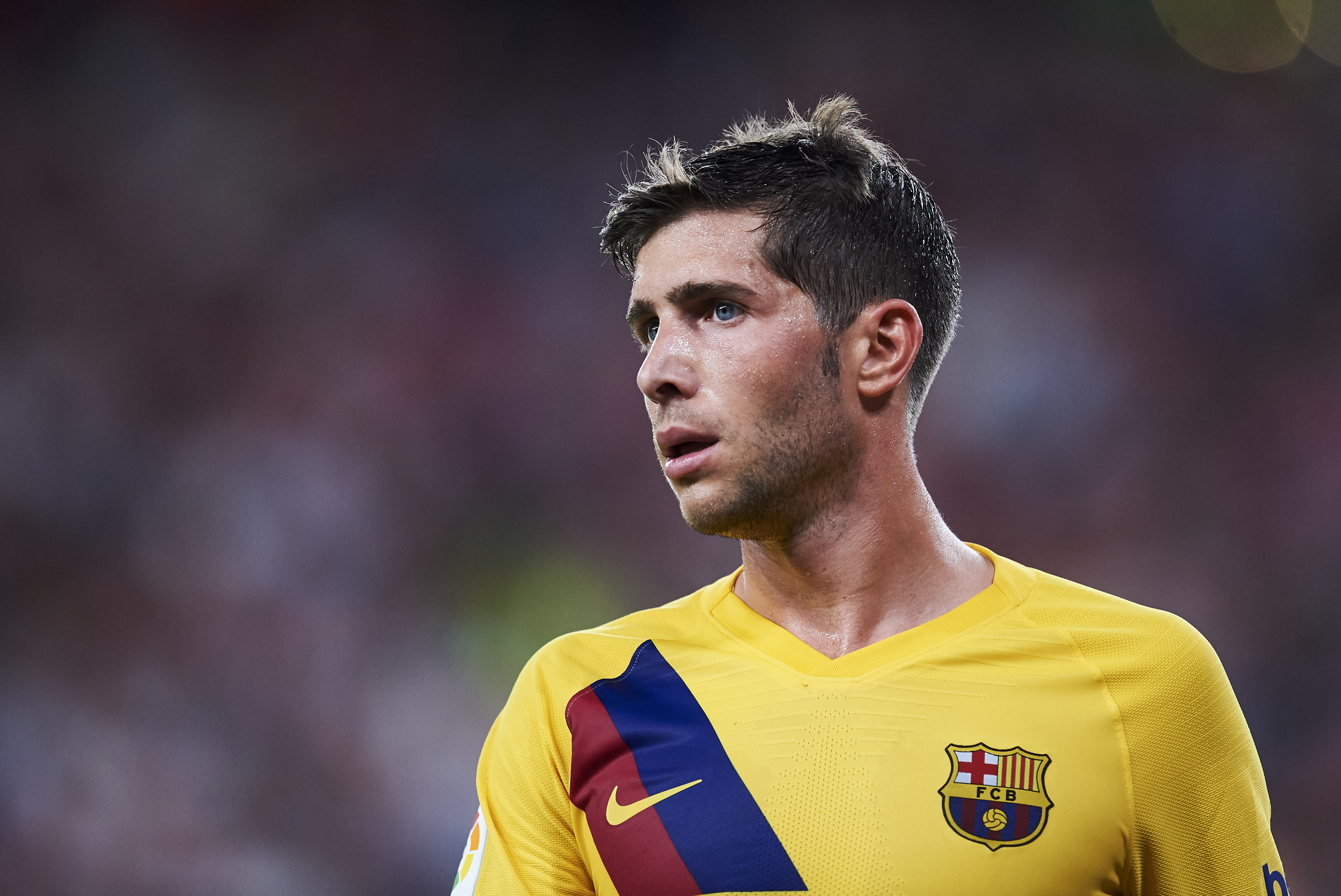 BILBAO, SPAIN - AUGUST 16: Sergi Roberto of FC Barcelona looks on during the Liga match between Athletic Club and FC Barcelona at San Mames Stadium on August 16, 2019 in Bilbao, Spain. (Photo by Juan Manuel Serrano Arce/Getty Images)