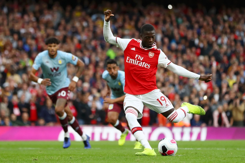 Nicolas Pepe scores his first goal for Arsenal. (Photo by Michael Steele/Getty Images)