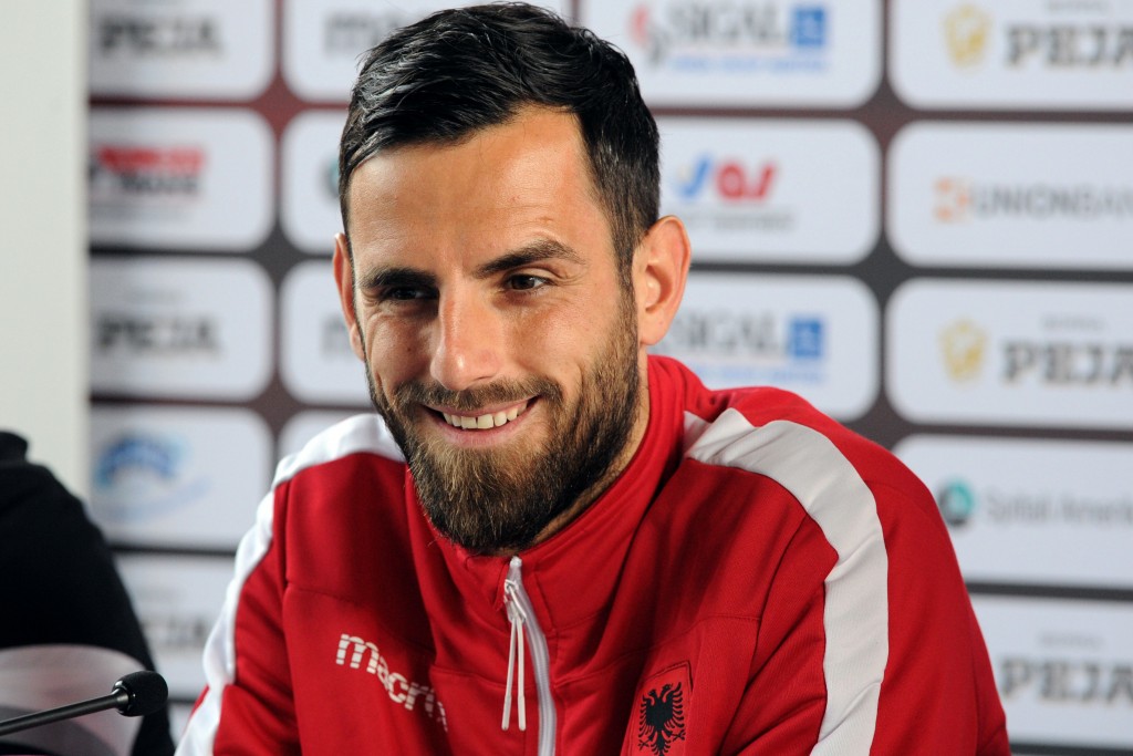 Albania's defender Mergim Mavraj holds a press conference in Perros-Guirec, western France, on June 12, 2016 during the Euro 2016 football tournament. / AFP / FRED TANNEAU (Photo credit should read FRED TANNEAU/AFP/Getty Images)
