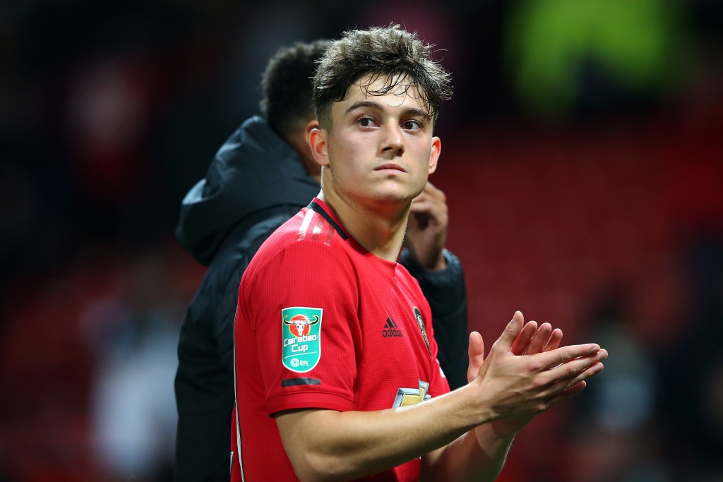 MANCHESTER, ENGLAND - SEPTEMBER 25: Daniel James of Manchester United thanks the fans after victory in the Carabao Cup Third Round match between Manchester United and Rochdale AFC at Old Trafford on September 25, 2019 in Manchester, England. (Photo by Alex Livesey/Getty Images)