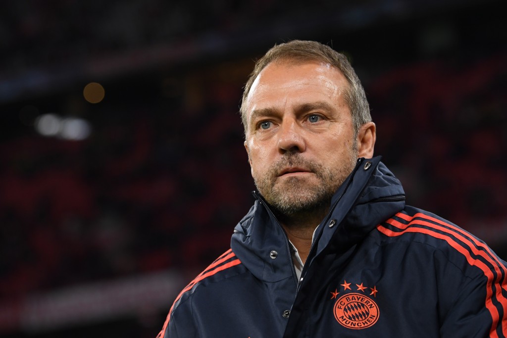 MUNICH, GERMANY - NOVEMBER 06: Head coach Hans-Dieter Flick of Bayern Muenchen looks on prior to the UEFA Champions League group B match between Bayern Muenchen and Olympiacos FC at Allianz Arena on November 06, 2019 in Munich, Germany. (Photo by Sebastian Widmann/Bongarts/Getty Images )