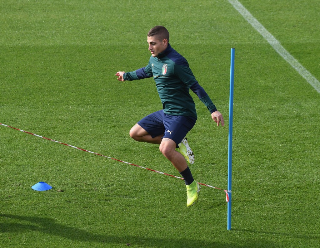 FLORENCE, ITALY - OCTOBER 09: Marco Verratti of Italy in action during an Italy training session at Centro Tecnico Federale di Coverciano on October 9, 2019 in Florence, Italy. (Photo by Claudio Villa/Getty Images)
