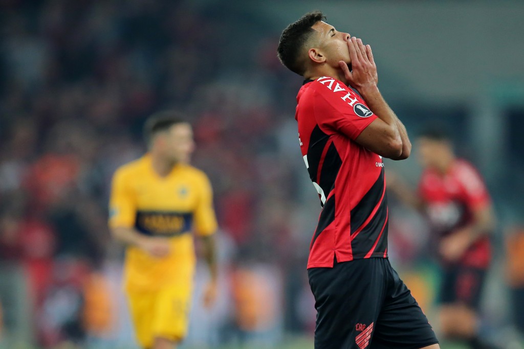Bruno Guimaraes of Brazil's Athletico Paranaense reacts after missing a chance to score during a Copa Libertadores football match between Brazil's Athletico Paranaense and Argentina's Boca Juniors at the Arena da Baixada stadium in Curitiba, Brazil, on July 24, 2019. (Photo by Heuler Andrey / AFP) (Photo credit should read HEULER ANDREY/AFP via Getty Images)
