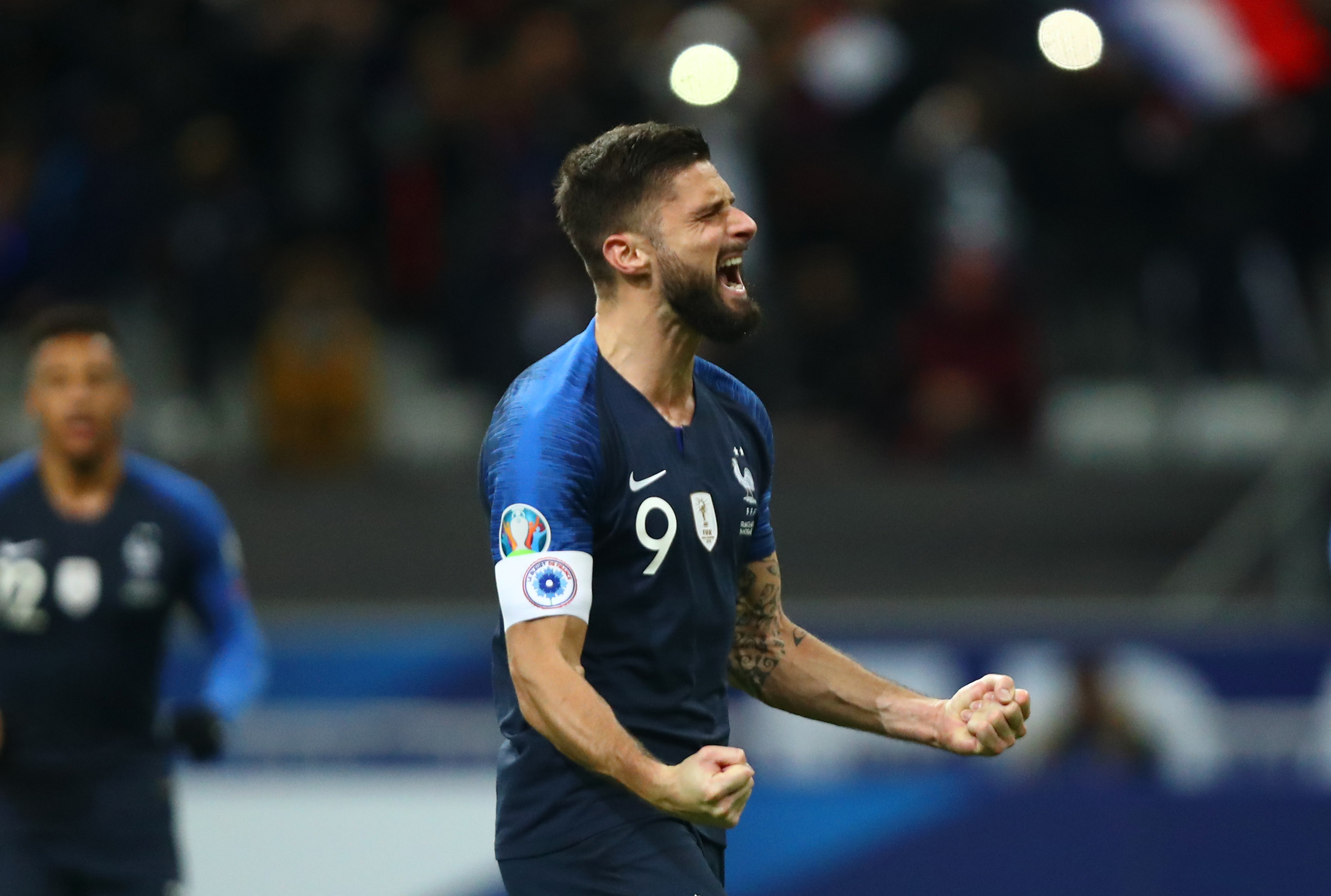 PARIS, FRANCE - NOVEMBER 14: Olivier Giroud of France celebrates after scoring his team's second goal during the UEFA Euro 2020 Qualifier between France and Moldova on November 14, 2019 in Paris, France. (Photo by Dean Mouhtaropoulos/Getty Images)