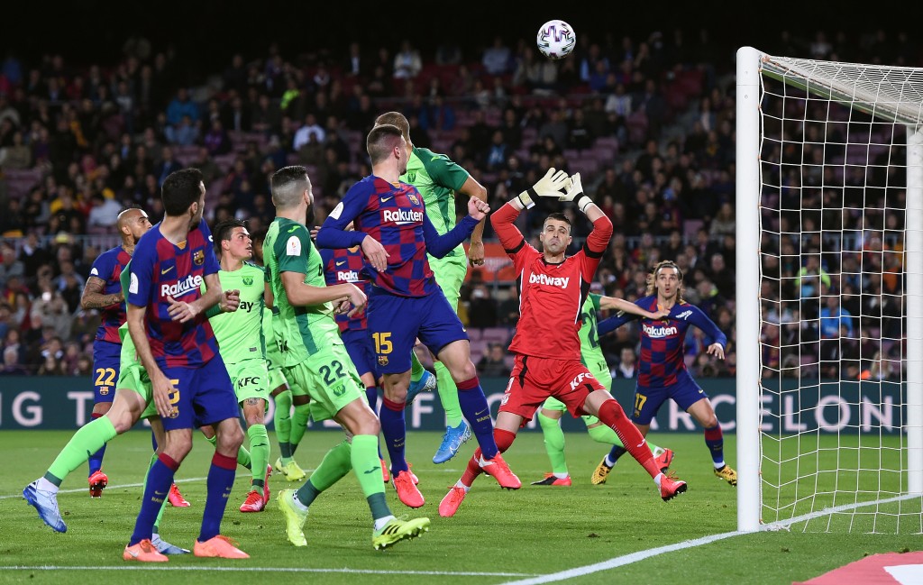 A brilliant header by Lenglet to score Barcelona's second. (Photo by Alex Caparros/Getty Images)