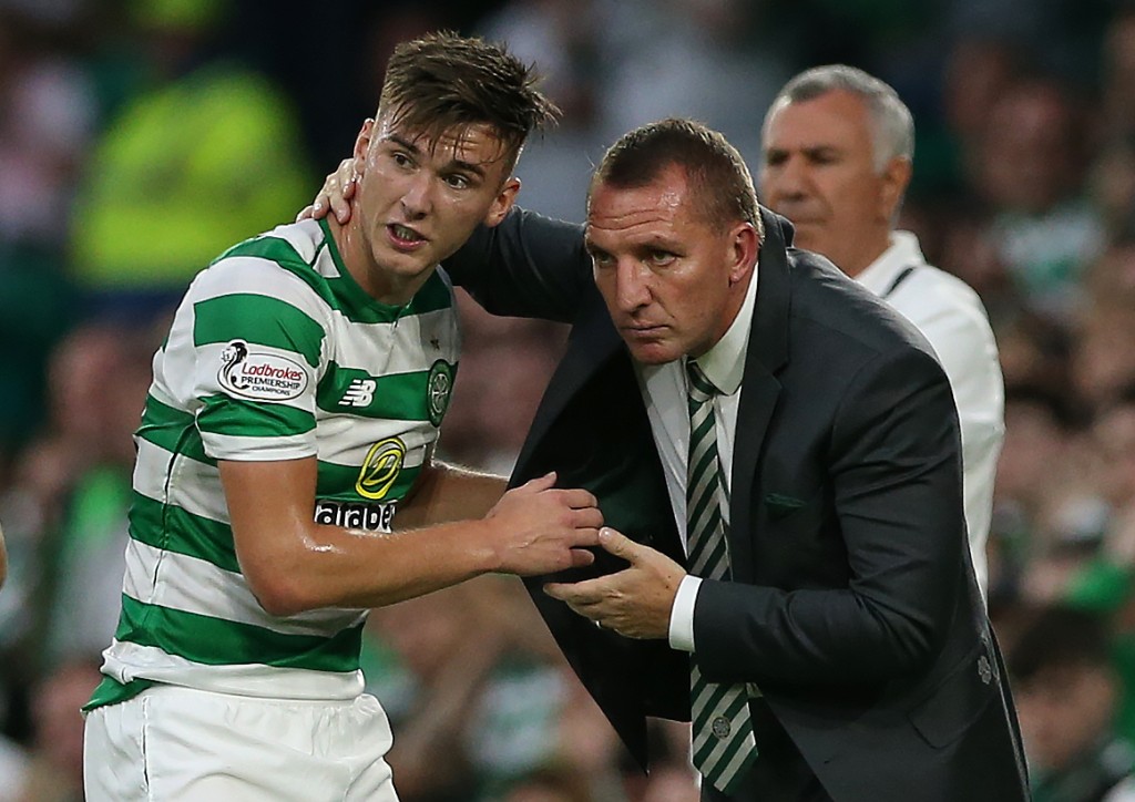 GLASGOW, SCOTLAND - JULY 18: Brendan Rodgers and Kieran Tierney of Celtic are seen during the UEFA Champions League Qualifier between Celtic and Alashkert FC at Celtic Park on July 18, 2018 in Glasgow, Scotland. (Photo by Ian MacNicol/Getty Images)