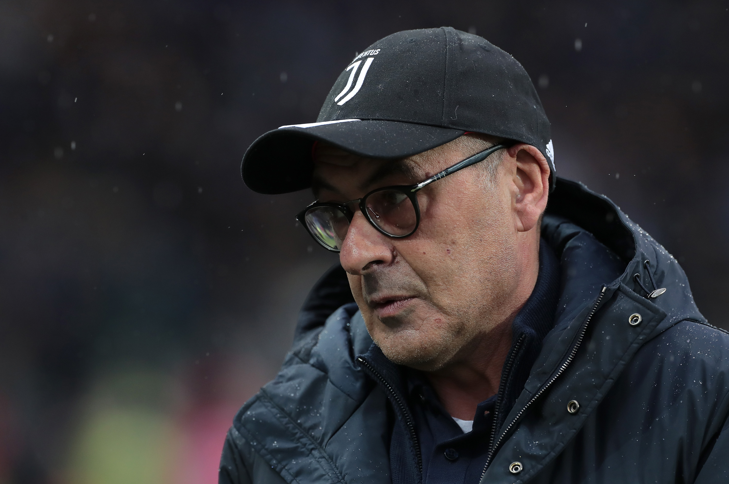 BERGAMO, ITALY - NOVEMBER 23: Juventus coach Maurizio Sarri looks on during the Serie A match between Atalanta BC and Juventus at Gewiss Stadium on November 23, 2019 in Bergamo, Italy. (Photo by Emilio Andreoli/Getty Images)